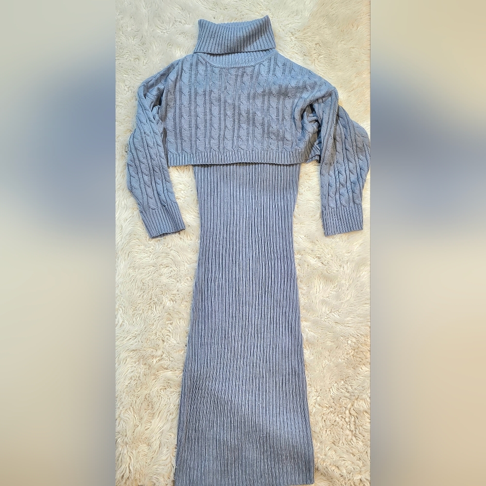 Two-piece Blue Gray Cable Knit Sweater Dress